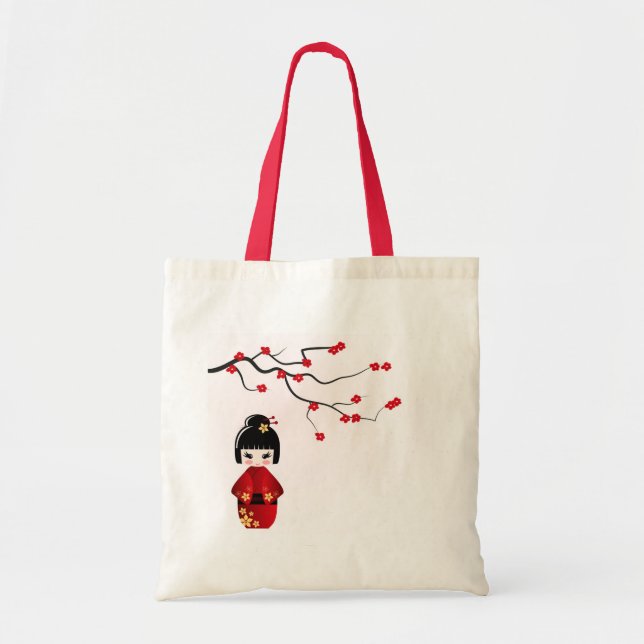 Bolso De Tela muñeca Kokeshi bajo rama de sakura (Frente)