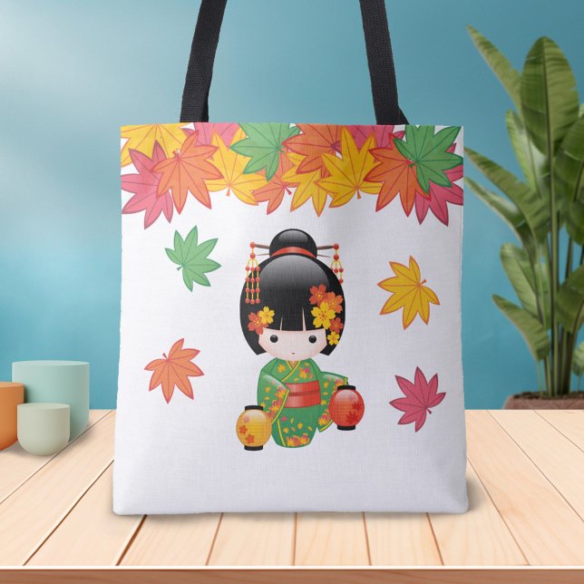 Bolso De Tela Muñeca Kokeshi Caída - Chica de Kimono Verde Geish (Subido por el creador)