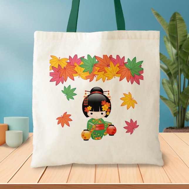 Bolso De Tela Muñeca Kokeshi Caída - Chica de Kimono Verde Geish (Subido por el creador)