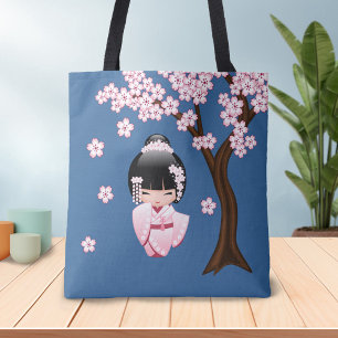 Bolso De Tela Muñeca Kokeshi de Kimono Rosa sobre Azul