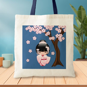 Bolso De Tela Muñeca Kokeshi de Kimono Rosa sobre Azul