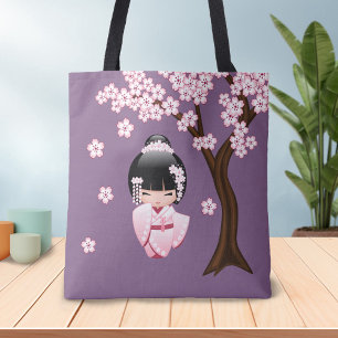 Bolso De Tela Muñeca Kokeshi de Kimono Rosa sobre Fondo Púrpura