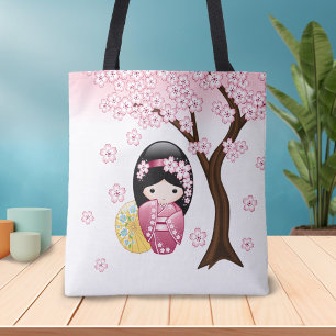 Bolso De Tela Muñeca Kokeshi de primavera - Chica japonés eleg