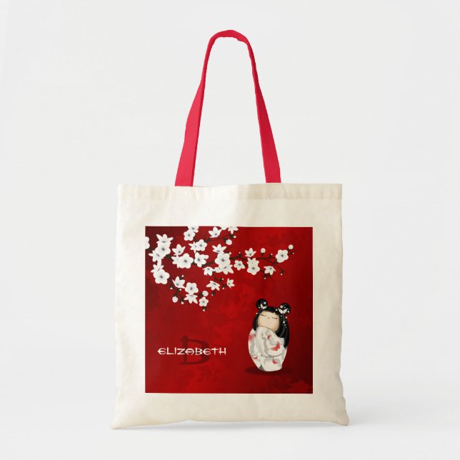 Bolso De Tela Muñeca Kokeshi Rojo Negro Y Flor De Cerezo Blanco  (Frente)