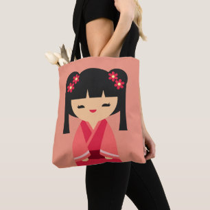 Bolso De Tela Muñecas japonesas rosadas kokeshi