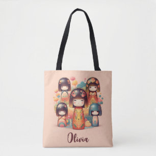 Bolso De Tela Muñecas Kokeshi Adorables Acuarela Rubor
