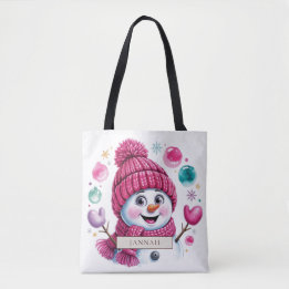 Bolso De Tela Muñeco de Nieve Rosa Adorable Acuarela Navidad Nom