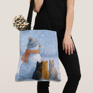 Bolso De Tela Muñecos de nieve y gatos en un campo nevado