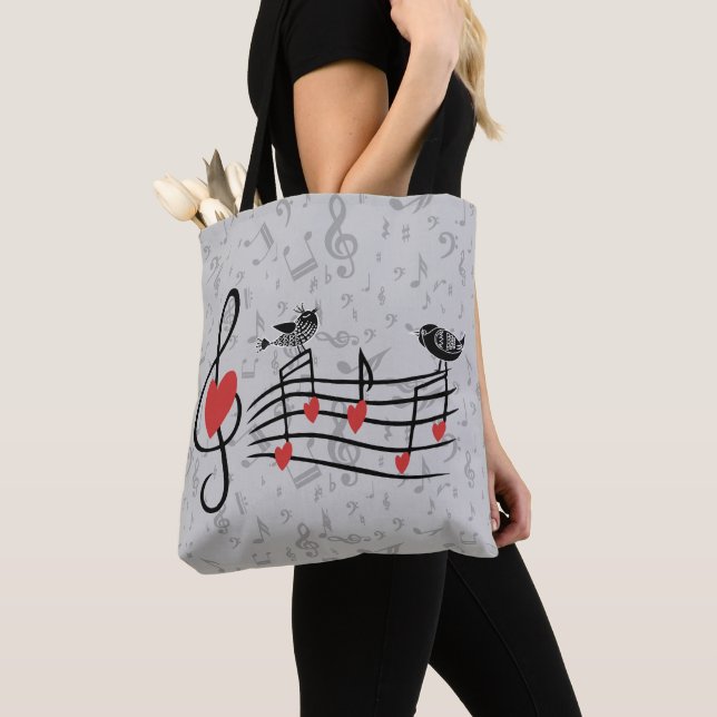Bolso De Tela Music Love Birds en notas musicales grises (Detalle)