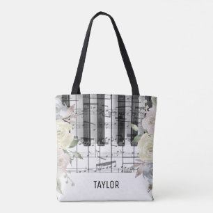 Bolso De Tela música de flores pálidas, notas de piano