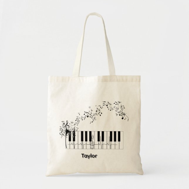 Bolso De Tela música piano floral nombre tote bag (Frente)