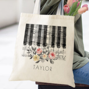 Bolso De Tela música piano rosas sobre follaje gris
