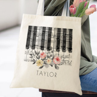 Bolso De Tela música piano rosas sobre follaje gris