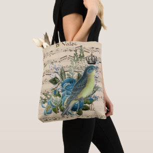 Bolso De Tela Música vintage y collado de pájaros azules