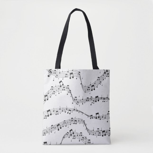 Bolso De Tela musical de notas musicales en blanco y negro (Anverso)