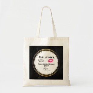 Bolso De Tela Mustache & Lips Mr. y Sra. Black & Gold Boda