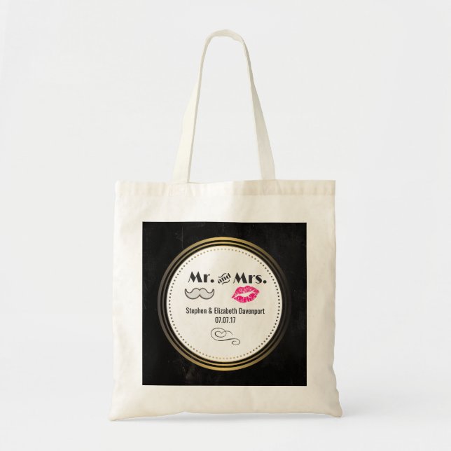 Bolso De Tela Mustache & Lips Mr. y Sra. Black & Gold Boda (Frente)