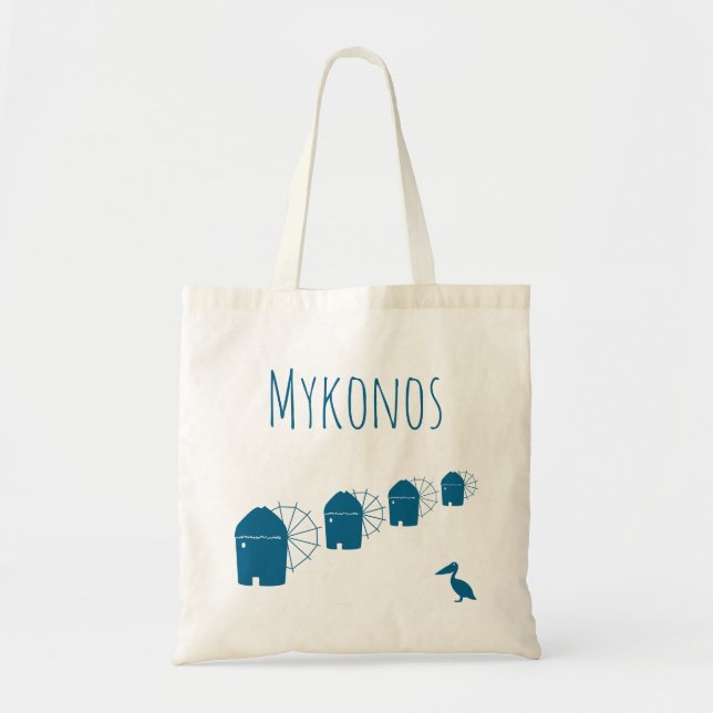 Bolso De Tela Mykonos, Grecia: Molinos de viento icónicos y ave  (Frente)