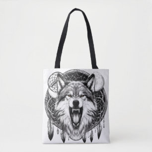 Bolso De Tela Mystic Moon Howler - Dreamcatcher Wolf Art