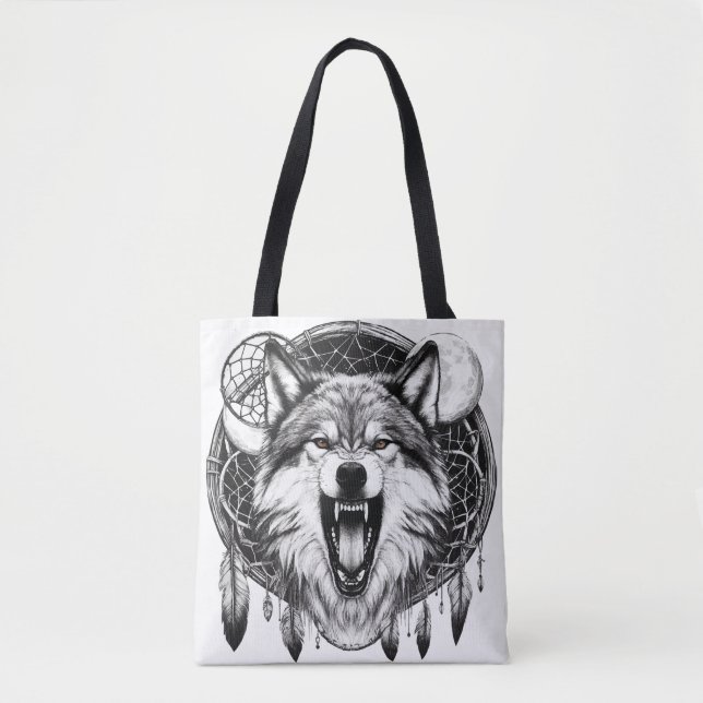 Bolso De Tela Mystic Moon Howler - Dreamcatcher Wolf Art (Anverso)