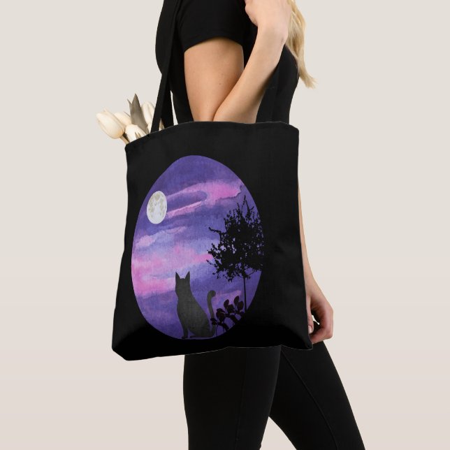 Bolso De Tela Mystical Cat Under Moon – Dreamy Purple Night Wate (Detalle)