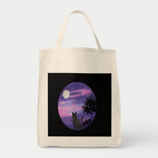 Bolso De Tela Mystical Cat Under Moon – Dreamy Purple Night Wate (Frente)