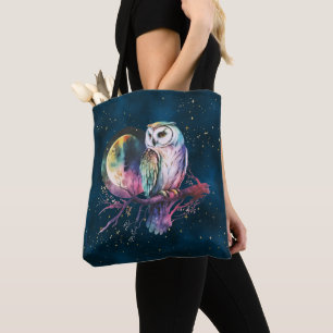 Bolso De Tela Mystical Rainbow Owl y Full Moon Celestial