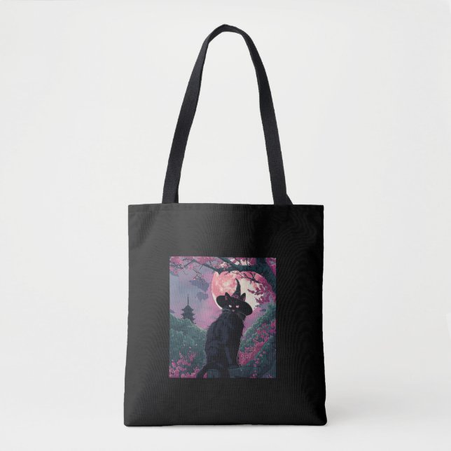 Bolso De Tela Mystical Sakura Black Cat Witch Gorra para Hallowe (Anverso)