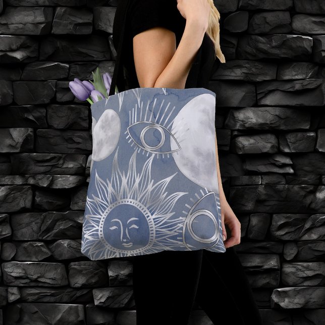 Bolso De Tela Mystique solar | Dusty Blue Silver Moon Stars Sun (Subido por el creador)