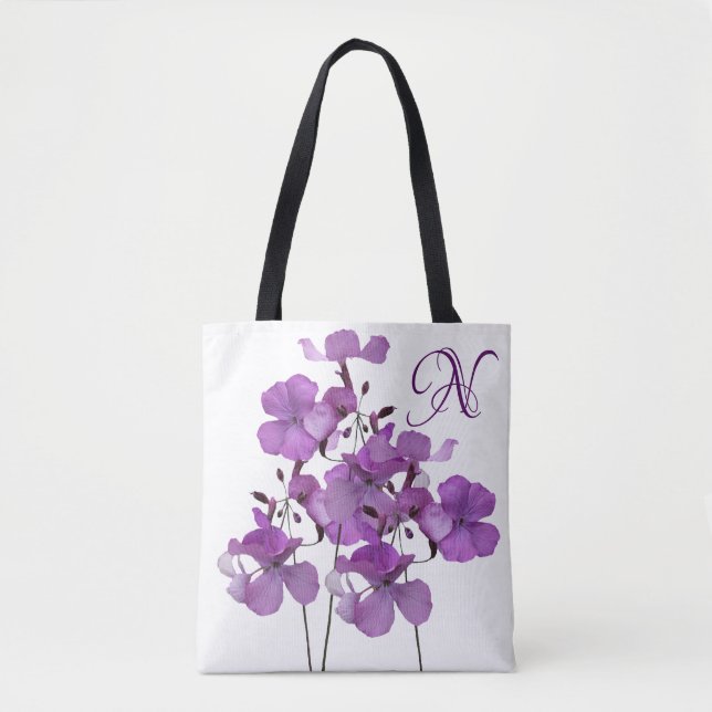 Bolso De Tela N monograma bonito de flor púrpura playa floral (Anverso)