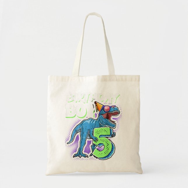Bolso De Tela Nacimiento Niño 5 Quinto Cumpleaños T Rex Dinosaur (Frente)