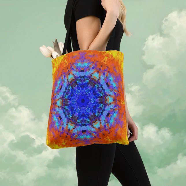 Bolso De Tela Naranja azul Mandala digital y amarillo (Blue Orange and Yellow Digital Mandala Tote Bag by Wormhole Orbital)