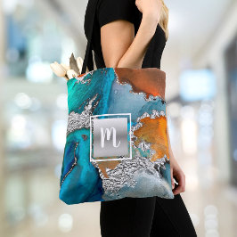 Bolso De Tela Naranja azul turquesa plateada con monograma de ac