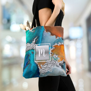 Bolso De Tela Naranja azul turquesa plateada con monograma de ac