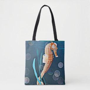 Bolso De Tela Naranja Caballo de mar contra el mar con burbujas