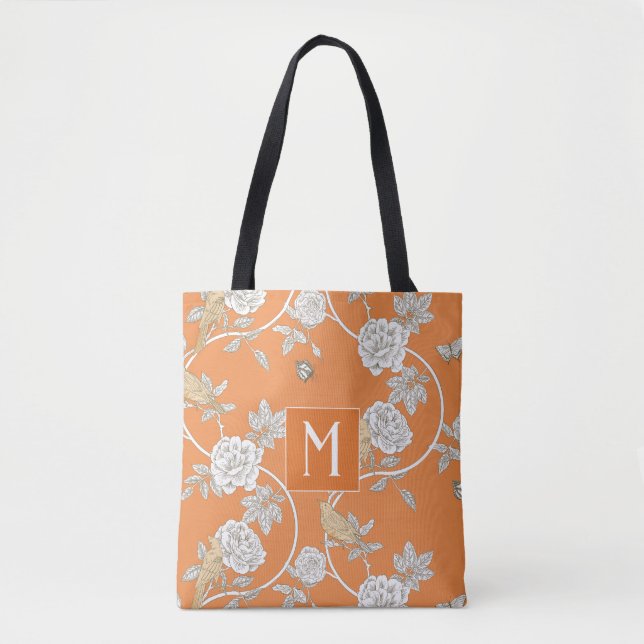 Bolso De Tela Naranja Chinoiserie Floral Monograma (Anverso)