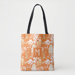 Bolso De Tela Naranja Chinoiserie Pagodas Monograma