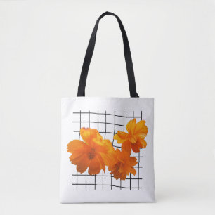 Bolso De Tela Naranja Cosmos flor en la cuadrícula negra en blan