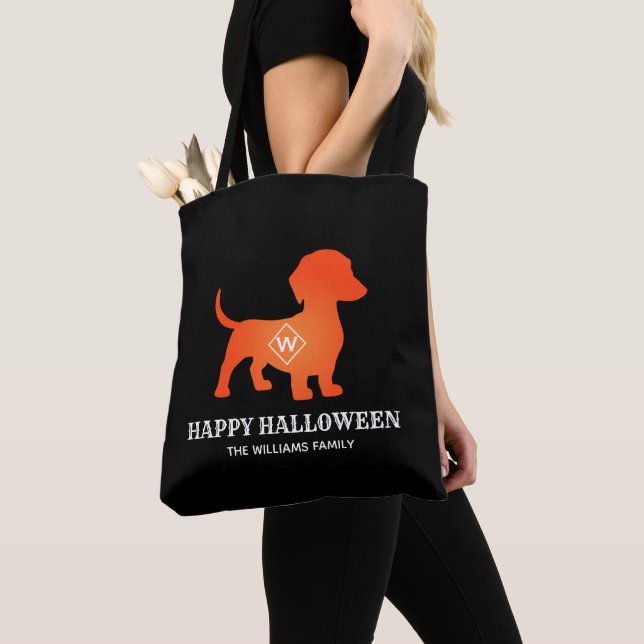 Bolso De Tela Naranja Dachshund Feliz Halloween (Detalle)