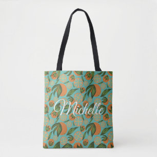 Bolso De Tela Naranja de acuarela Turquesa Botánica Personalizad