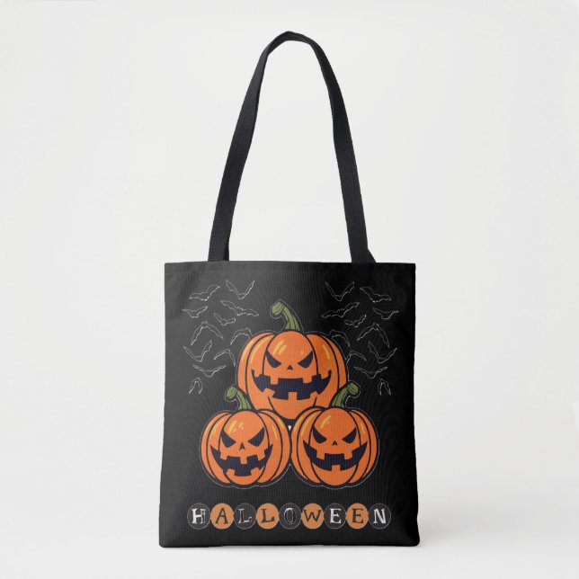 Bolso De Tela Naranja de calabaza asustado Halloween negro (Anverso)