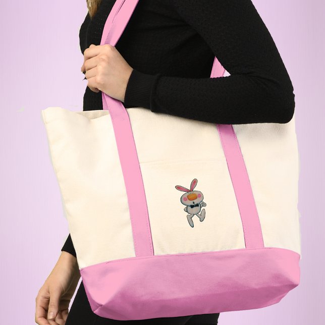 Bolso De Tela Naranja de conejo blanco lindo Nariz Thumbup Rótul (Cute white bunny rabbit rosy cheeks bow tie giving thumbs up sign on tote bag.)