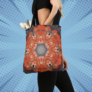 Bolso De Tela Naranja de flores Retro Mandala Azul y Tan