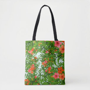 Bolso De Tela Naranja de flores tropicales verde rojo floral ele