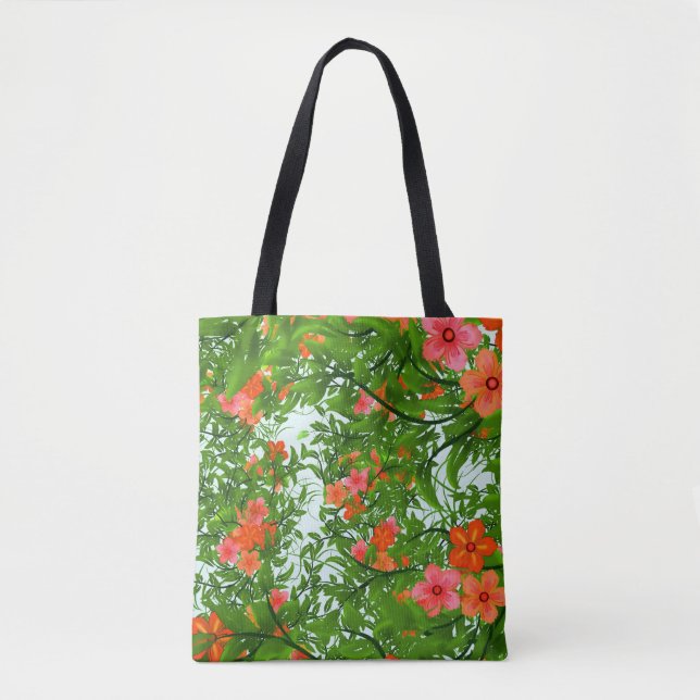 Bolso De Tela Naranja de flores tropicales verde rojo floral ele (Anverso)