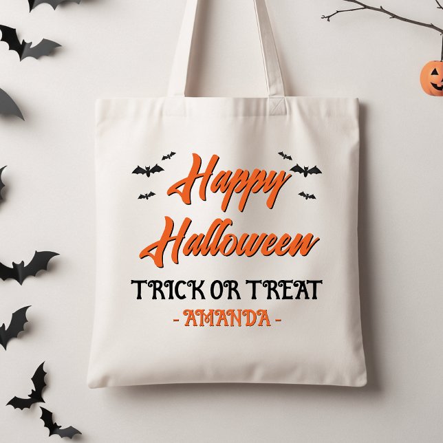 Bolso De Tela Naranja De Halloween Black Bats Trick O Trato Tote (Personalized Trick Or Treat Tote Bag, Orange Black Halloween Tote Bag, Black Bats Halloween Tote  )