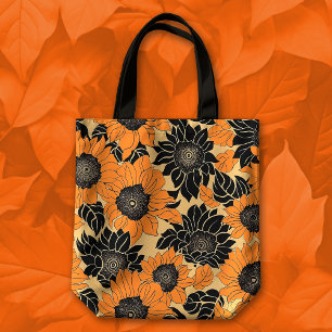 Bolso De Tela Naranja de otoño y floral de Dahlia negra