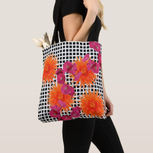Bolso De Tela Naranja Flores rosadas Black White Check Tote Bag