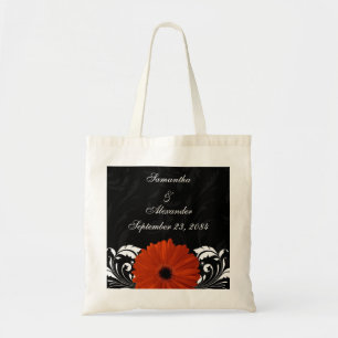 Bolso De Tela Naranja Gerbera Daisy con pergamino blanco y negro