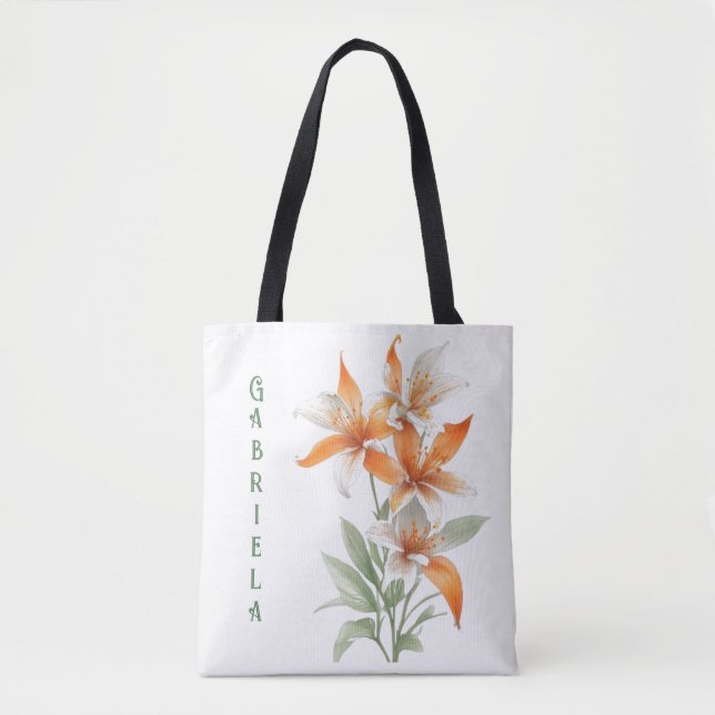 Bolso De Tela Naranja Lily Flowers Personalizado (Anverso)